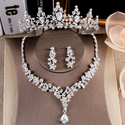 Sparkling Cubic Zirconia and Rhinestone Tiara, Necklace & Earrings Wedding Jewelry Set-Jewelry Sets-Innovato Design-Innovato Design