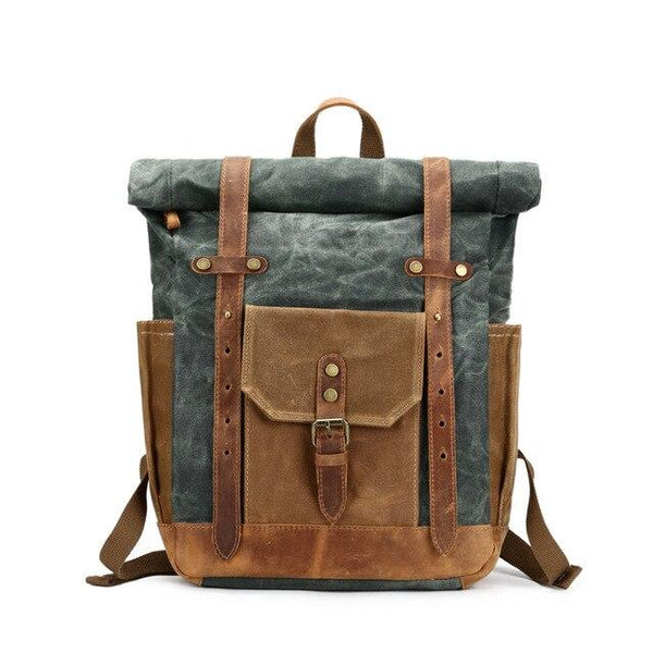 Large 5 Color Waxed Vintage Canvas Leather Traveling Backpack-Canvas and Leather Backpack-Innovato Design-Lake Green-Innovato Design