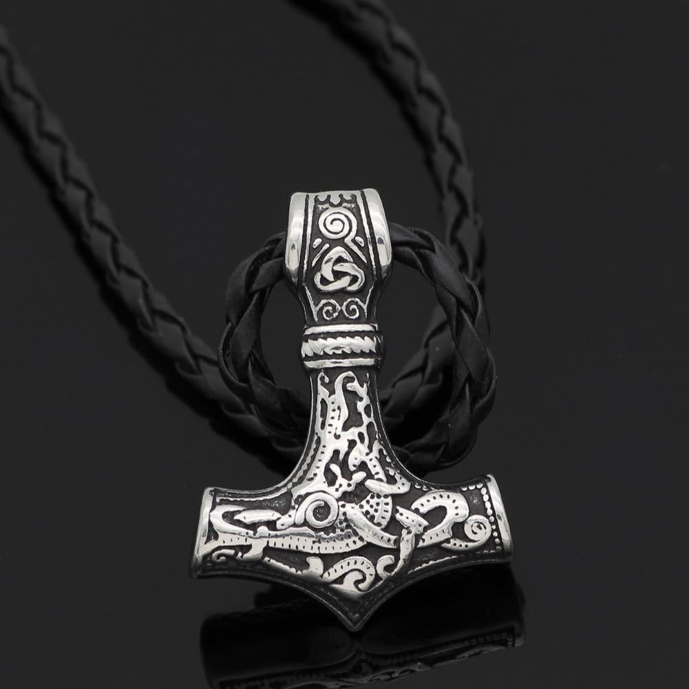 Thor's Hammer Amulet Pendant Necklace with Leather or Stainless Steel Chain-Necklaces-Innovato Design-Stainless Steel-Innovato Design