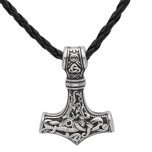 Thor's Hammer Amulet Pendant Necklace with Leather or Stainless Steel Chain-Necklaces-Innovato Design-Leather-Innovato Design