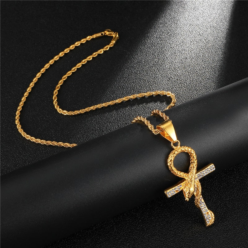 Rhinestone-Studded Snake and Cross Key of Life Bling Stainless Steel Hip-hop Pendant Necklace-Necklaces-Innovato Design-Innovato Design
