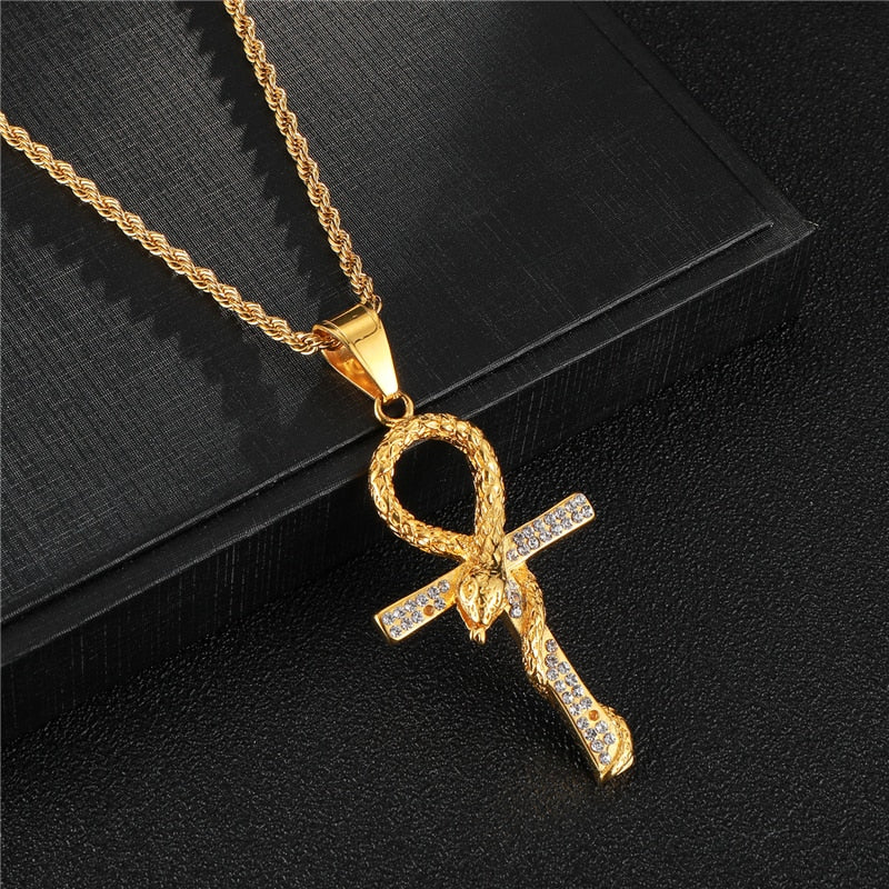 Rhinestone-Studded Snake and Cross Key of Life Bling Stainless Steel Hip-hop Pendant Necklace-Necklaces-Innovato Design-Innovato Design