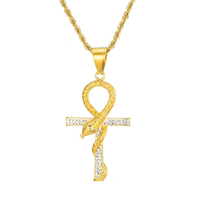 Rhinestone-Studded Snake and Cross Key of Life Bling Stainless Steel Hip-hop Pendant Necklace-Necklaces-Innovato Design-Innovato Design