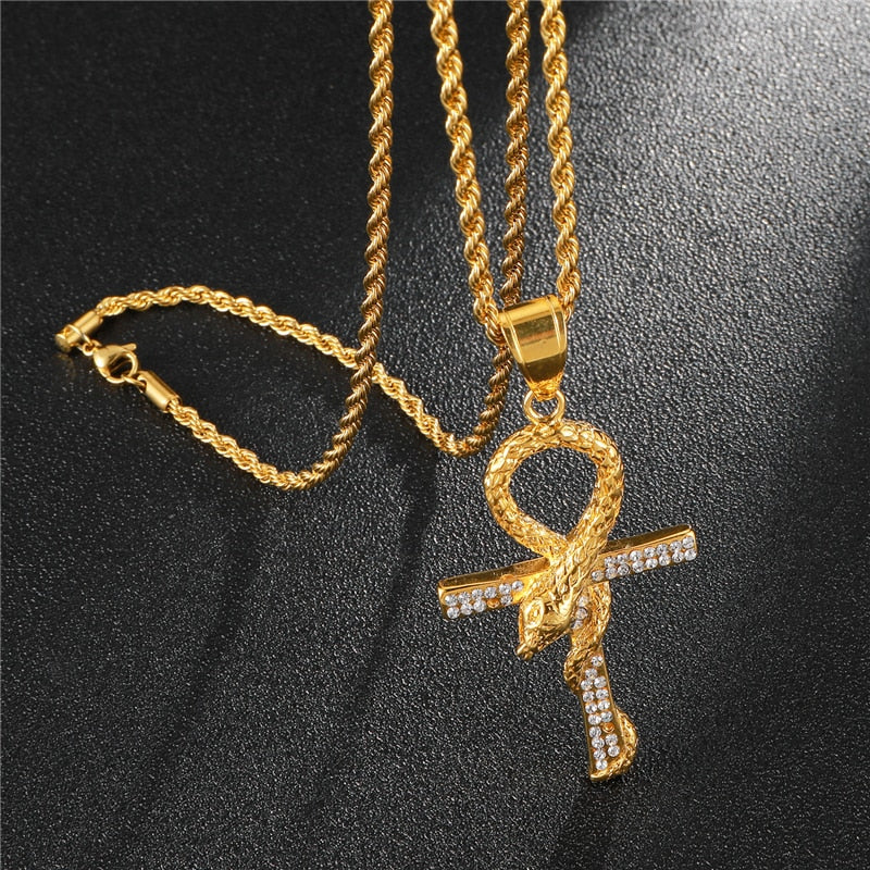 Rhinestone-Studded Snake and Cross Key of Life Bling Stainless Steel Hip-hop Pendant Necklace-Necklaces-Innovato Design-Innovato Design