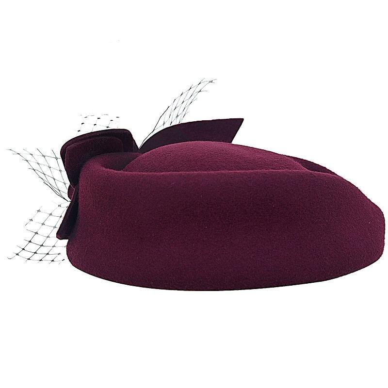 Flower Wool Pillbox Fascinator Hat with Netted Veil-Hats-Innovato Design-Innovato Design