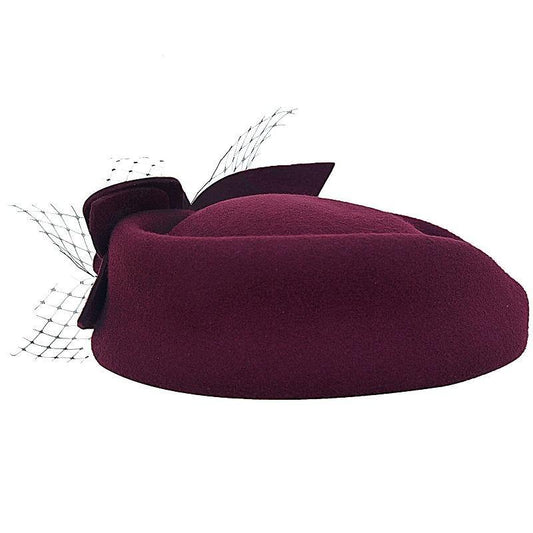 Flower Wool Pillbox Fascinator Hat with Netted Veil-Hats-Innovato Design-Innovato Design