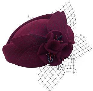 Flower Wool Pillbox Fascinator Hat with Netted Veil-Hats-Innovato Design-Innovato Design