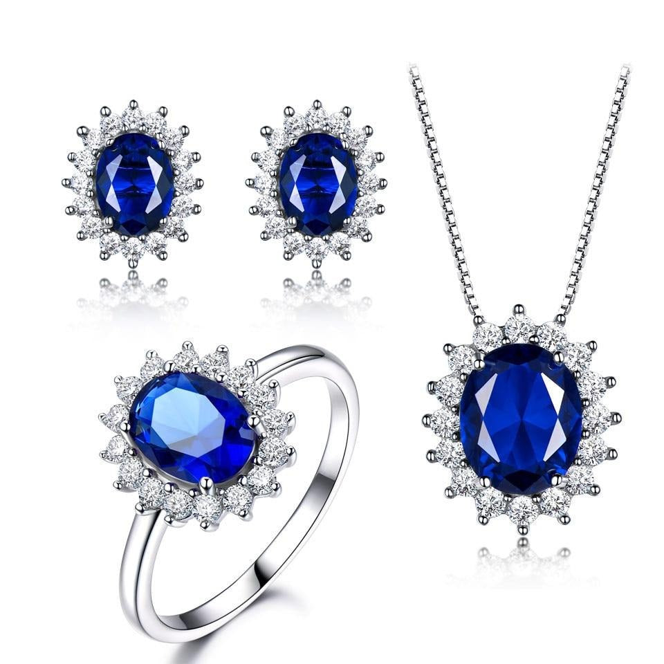 Nano Blue Sapphire and Cubic Zirconia 925 Sterling Silver Pendant, Stud Earrings & Ring Jewelry Set-Jewelry Sets-Innovato Design-Sapphire-5-Innovato Design
