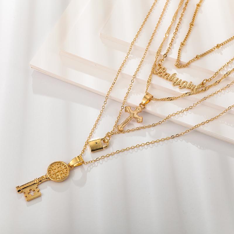Multilayer Gold Chain Necklace with Pendant - Lock, Key and Cross-Necklaces-Innovato Design-Innovato Design