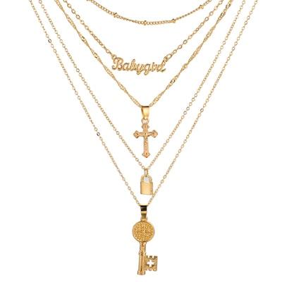 Multilayer Gold Chain Necklace with Pendant - Lock, Key and Cross-Necklaces-Innovato Design-Innovato Design