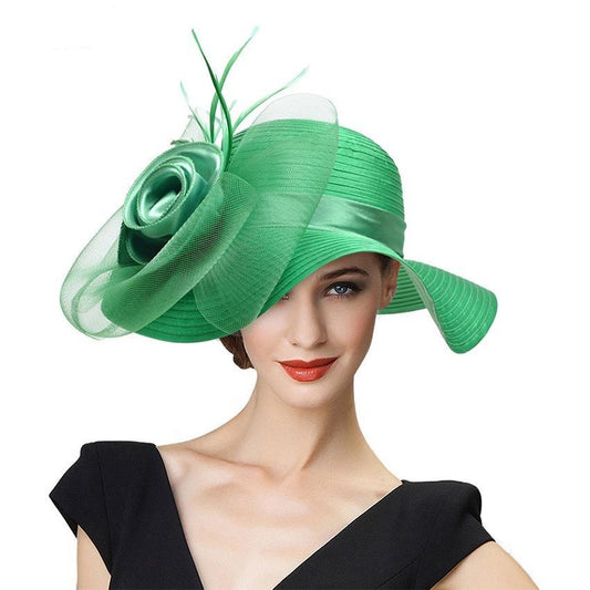 Floppy Wide Brim Floral Satin Sun Hat with Feathers-Hats-Innovato Design-Black-Innovato Design