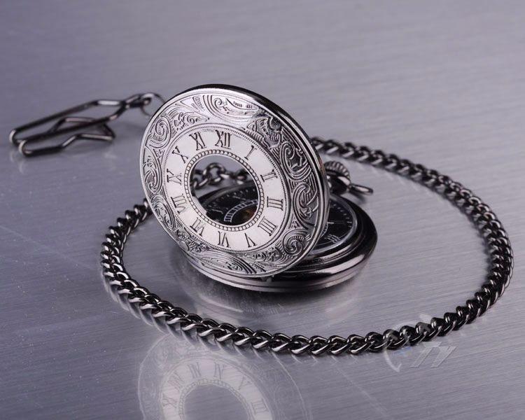 Roman Numeral Carvings on a Black Metal Pocket Watch-Pocket Watch-Innovato Design-Innovato Design