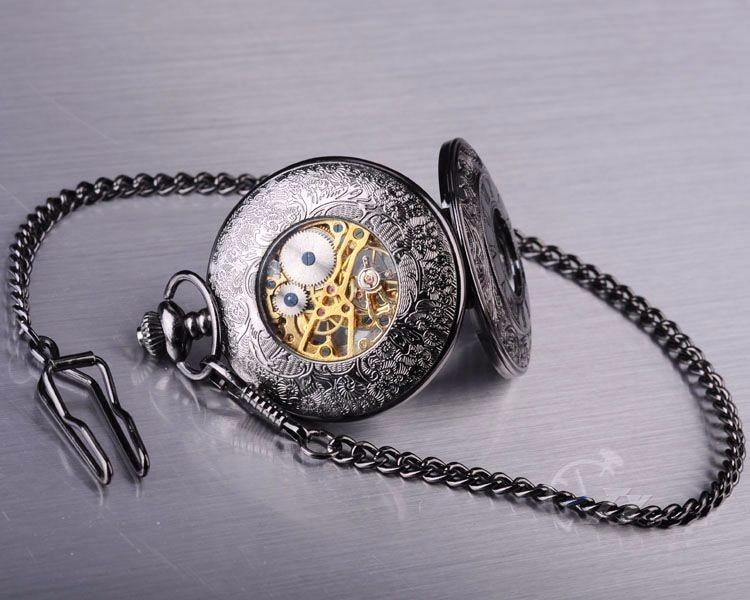 Roman Numeral Carvings on a Black Metal Pocket Watch-Pocket Watch-Innovato Design-Innovato Design