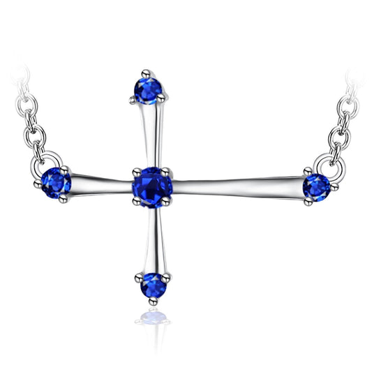 0.25ct Horizontal Blue Sapphire Sideways Cross Necklace 925 Sterling Silver-Necklaces-Innovato Design-Innovato Design