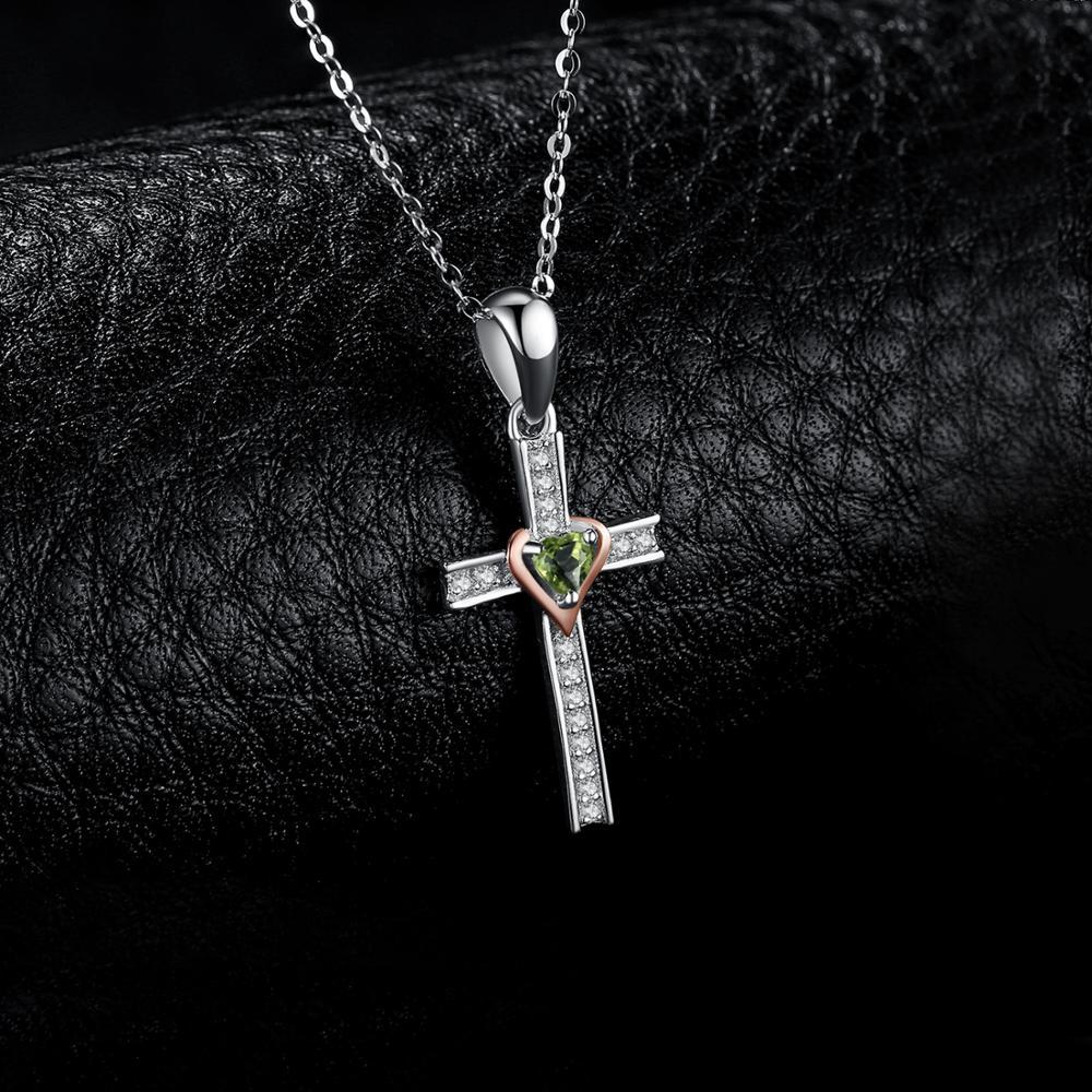 925 Sterling Silver Peridot Heart Crystal on Silver Cross Pendant and Chain Necklace-Necklaces-Innovato Design-Innovato Design