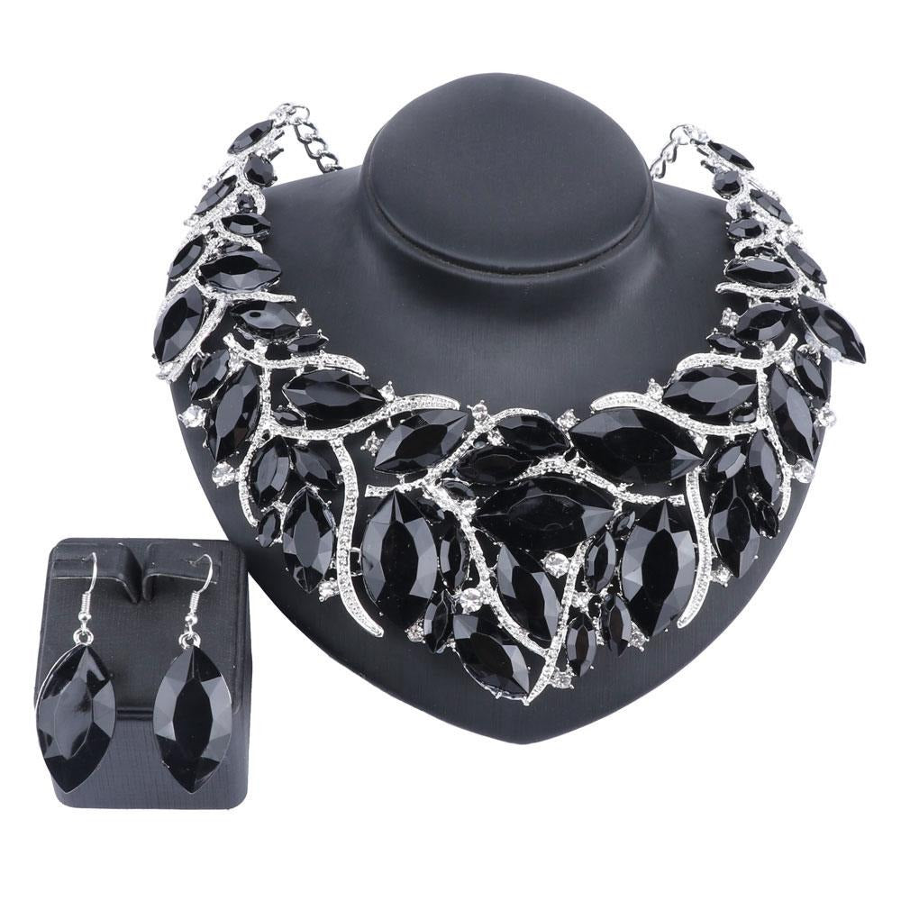 Large Crystal Necklace & Earrings Wedding Jewelry Set-Jewelry Sets-Innovato Design-Black-Innovato Design