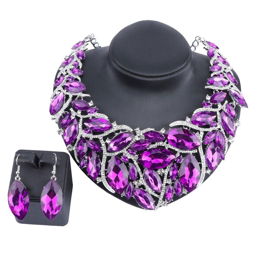Large Crystal Necklace & Earrings Wedding Jewelry Set-Jewelry Sets-Innovato Design-Purple-Innovato Design