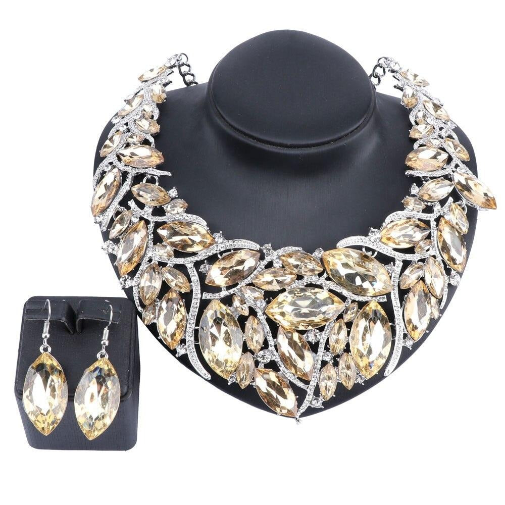 Large Crystal Necklace & Earrings Wedding Jewelry Set-Jewelry Sets-Innovato Design-Champagne-Innovato Design