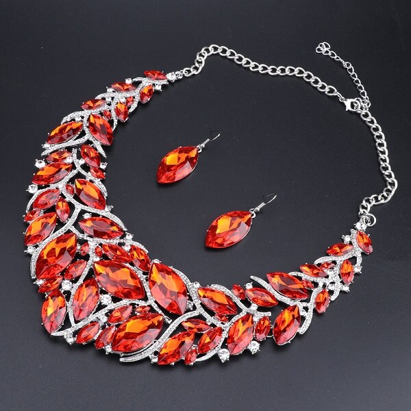 Large Crystal Necklace & Earrings Wedding Jewelry Set-Jewelry Sets-Innovato Design-Red-Innovato Design