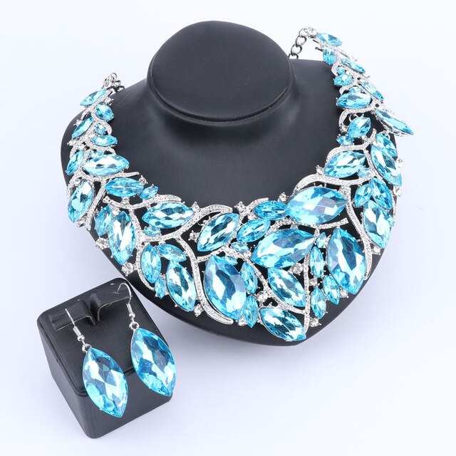 Large Crystal Necklace & Earrings Wedding Jewelry Set-Jewelry Sets-Innovato Design-Lake Blue-Innovato Design
