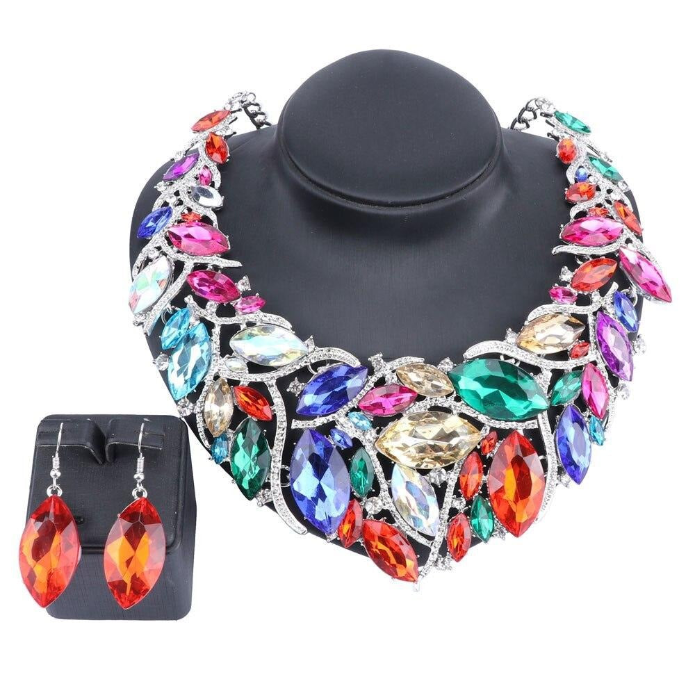 Large Crystal Necklace & Earrings Wedding Jewelry Set-Jewelry Sets-Innovato Design-Red-Innovato Design