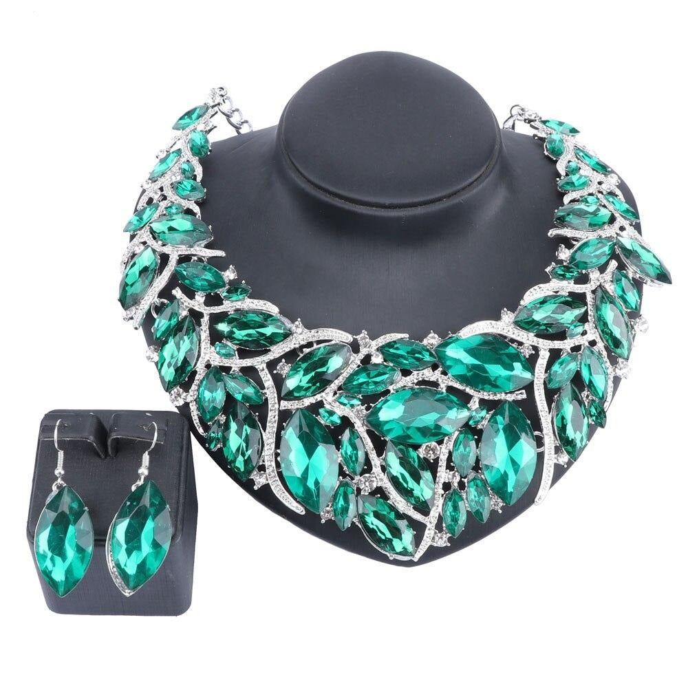 Large Crystal Necklace & Earrings Wedding Jewelry Set-Jewelry Sets-Innovato Design-Green-Innovato Design