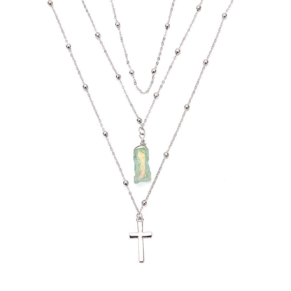 Silver Multi-layer Chain Necklace with Jade Crystal and Silver Cross Pendants-Necklaces-Innovato Design-Innovato Design