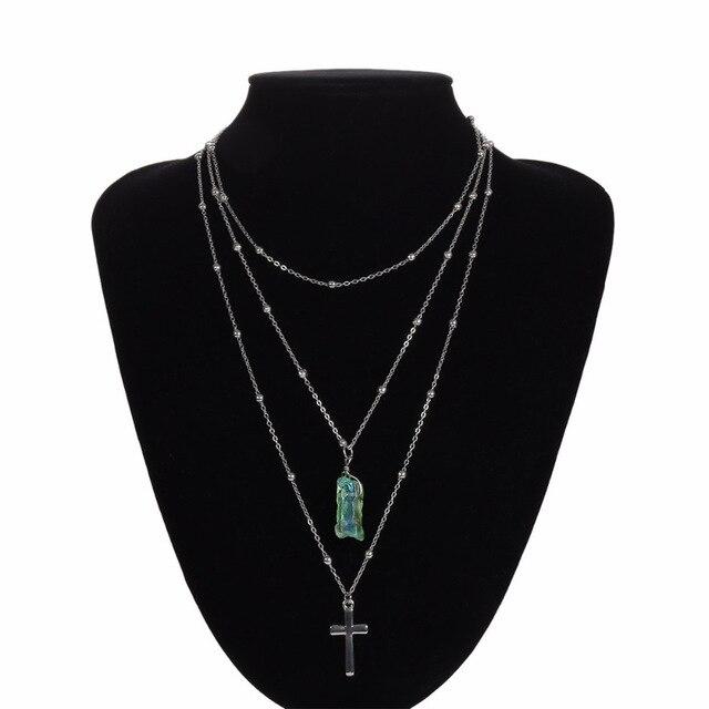 Silver Multi-layer Chain Necklace with Jade Crystal and Silver Cross Pendants-Necklaces-Innovato Design-Innovato Design