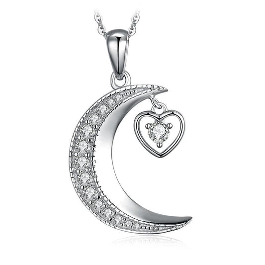 925 Sterling Silver Crescent Moon and Heart Crystal Pendant Necklace-Necklaces-Innovato Design-Innovato Design