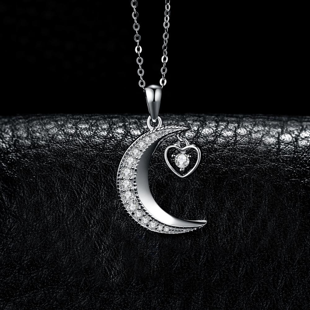 925 Sterling Silver Crescent Moon and Heart Crystal Pendant Necklace-Necklaces-Innovato Design-Innovato Design
