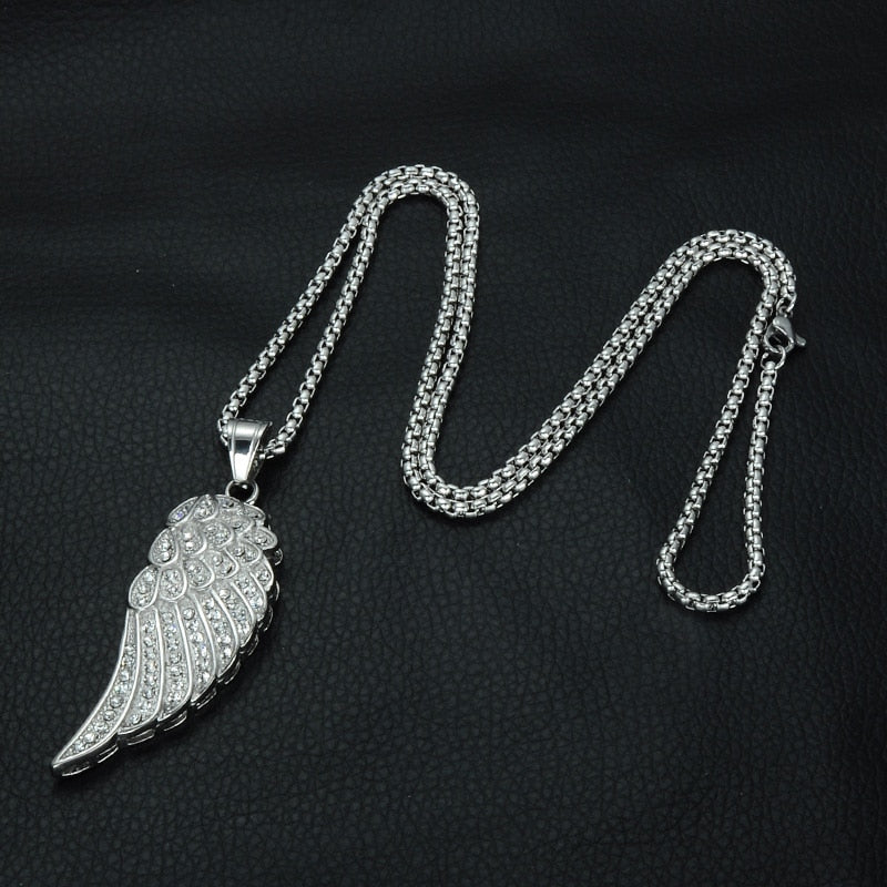 Rhinestone-Studded Gold-Plated Angel Wing Bling Stainless Steel Hip-hop Pendant Necklace-Necklaces-Innovato Design-Silver-Innovato Design