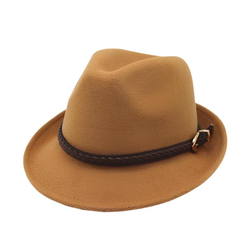 Wool Trilby Hat with Brown Leather Plaited Belt-Hats-Innovato Design-Camel-Innovato Design
