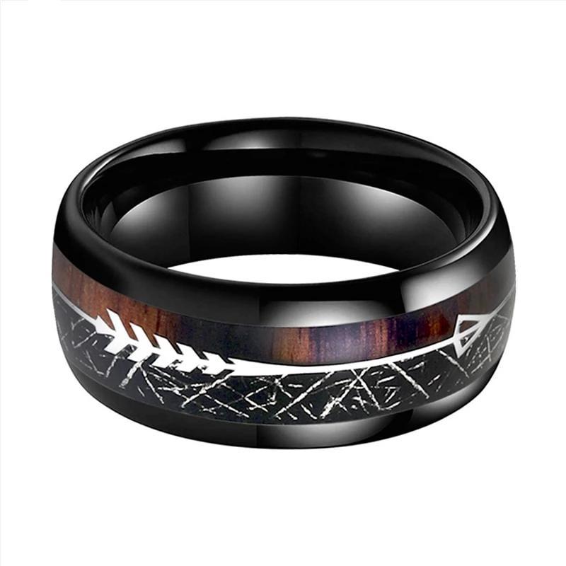Black Tungsten Carbide with Black Meteorite and Koa Wood Ring-Rings-Innovato Design-5-Innovato Design