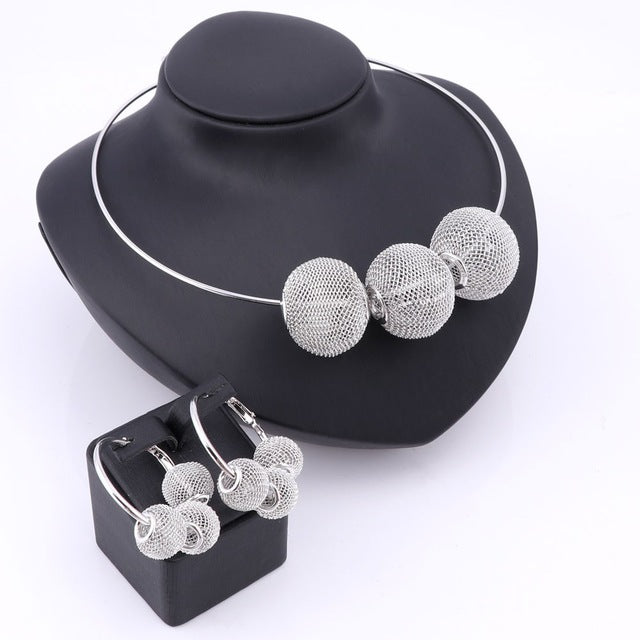 Weaved Balls Necklace & Earrings Wedding Statement Jewelry Set-Jewelry Sets-Innovato Design-Silver-Innovato Design