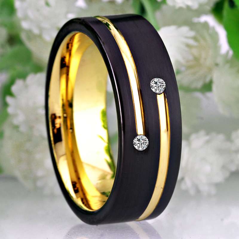 Classic Golden Groove Cubic Zirconia Black-Plated Tungsten Wedding Band-Rings-Innovato Design-6-Innovato Design