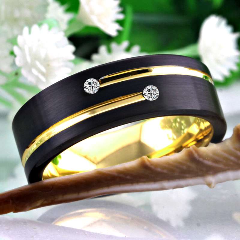 Classic Golden Groove Cubic Zirconia Black-Plated Tungsten Wedding Band-Rings-Innovato Design-6-Innovato Design