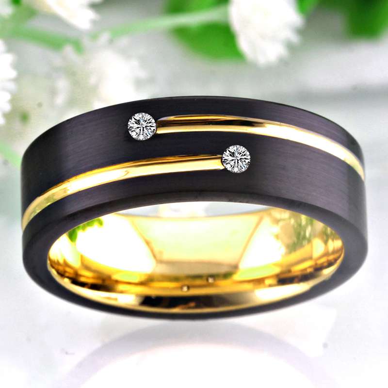 Classic Golden Groove Cubic Zirconia Black-Plated Tungsten Wedding Band-Rings-Innovato Design-6-Innovato Design