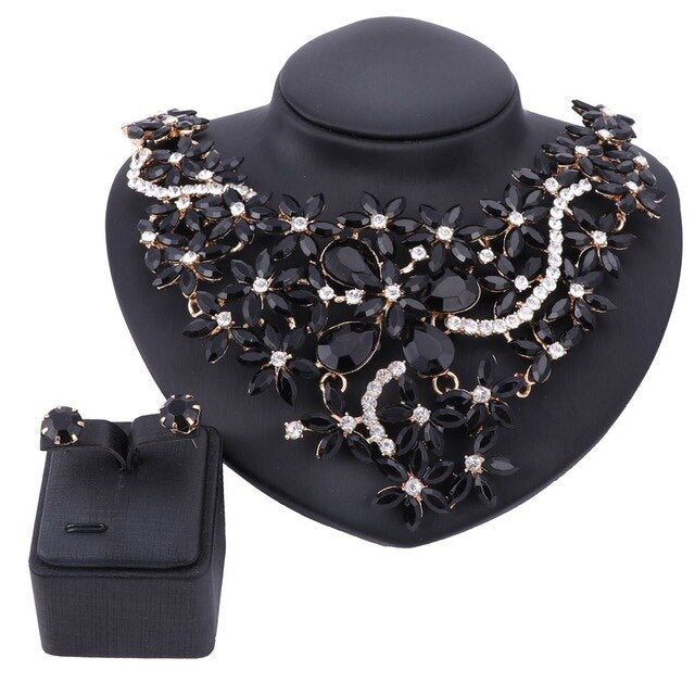 Gold-Plated Rhinestone and Crystal Flower Necklace & Earrings Wedding Jewelry Set-Jewelry Sets-Innovato Design-Black-Innovato Design
