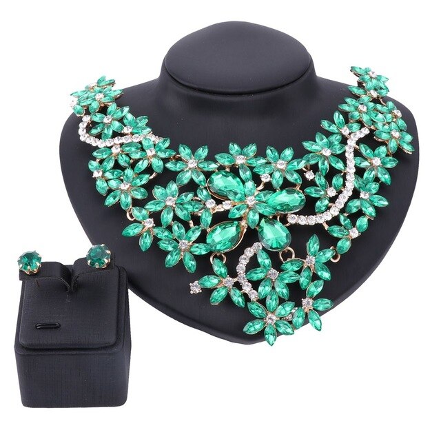 Gold-Plated Rhinestone and Crystal Flower Necklace & Earrings Wedding Jewelry Set-Jewelry Sets-Innovato Design-Green-Innovato Design
