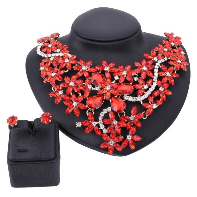 Gold-Plated Rhinestone and Crystal Flower Necklace & Earrings Wedding Jewelry Set-Jewelry Sets-Innovato Design-Red-Innovato Design