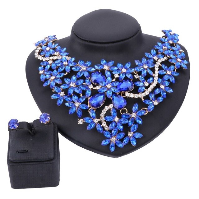 Gold-Plated Rhinestone and Crystal Flower Necklace & Earrings Wedding Jewelry Set-Jewelry Sets-Innovato Design-Blue-Innovato Design