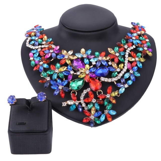 Gold-Plated Rhinestone and Crystal Flower Necklace & Earrings Wedding Jewelry Set-Jewelry Sets-Innovato Design-Rainbow-Innovato Design