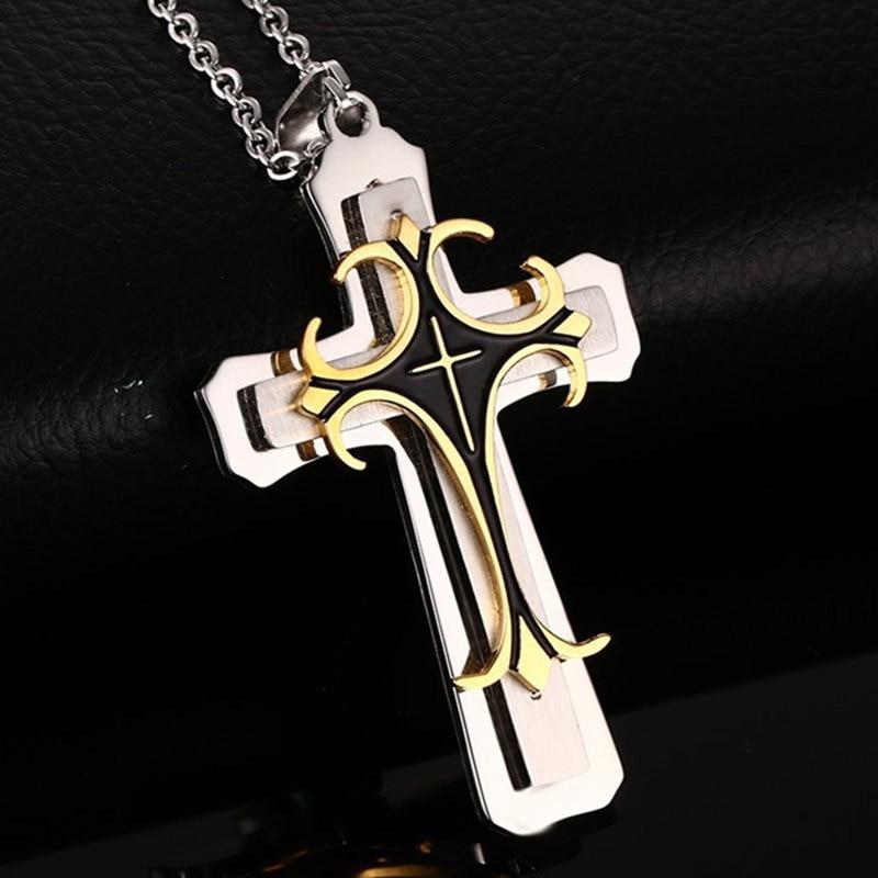 Multi-layer Metal Three Tone Cross Pendant Necklace-Necklaces-Innovato Design-Silver & Gold-24 inch-Innovato Design