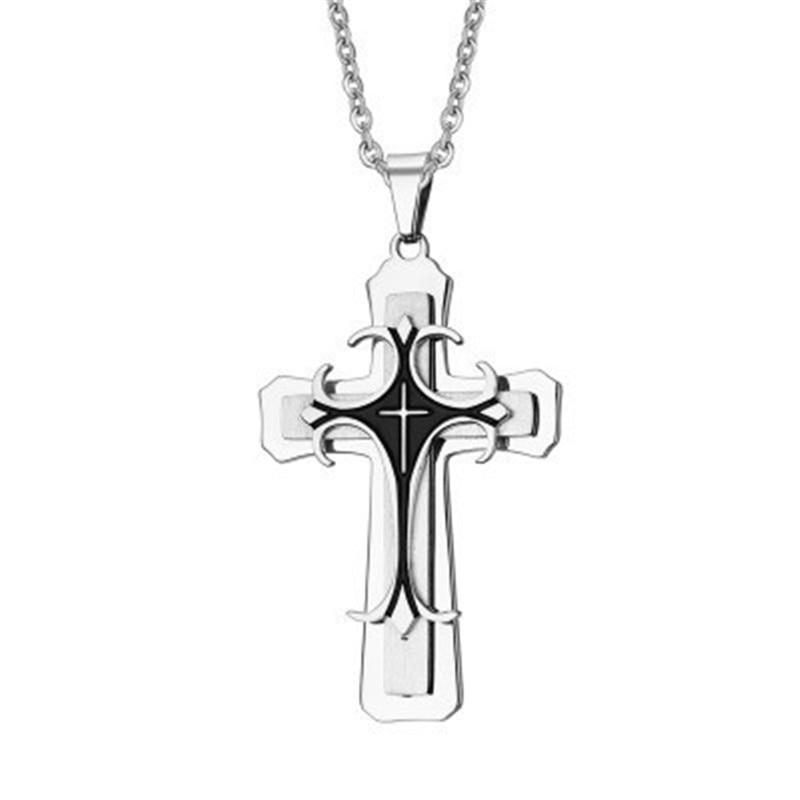 Multi-layer Metal Three Tone Cross Pendant Necklace-Necklaces-Innovato Design-Silver & Black-24 inch-Innovato Design