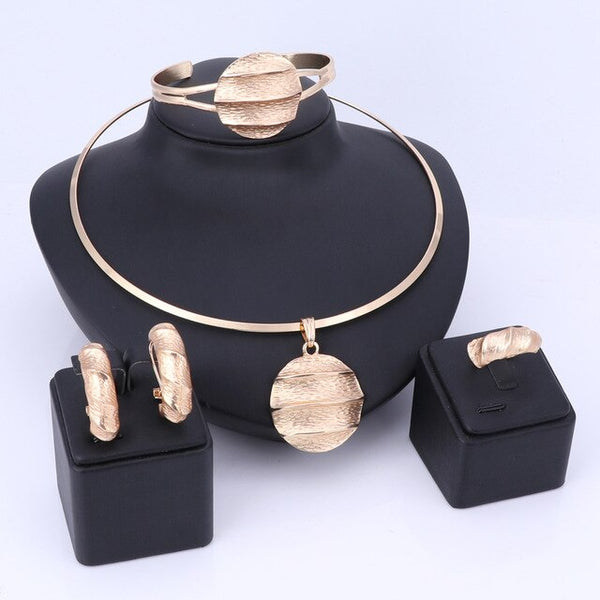 Gold/Silver-Plated and Cratered Pattern Steel Necklace, Bracelet, Earrings & Ring Wedding Jewelry Set-Jewelry Sets-Innovato Design-Gold-Innovato Design