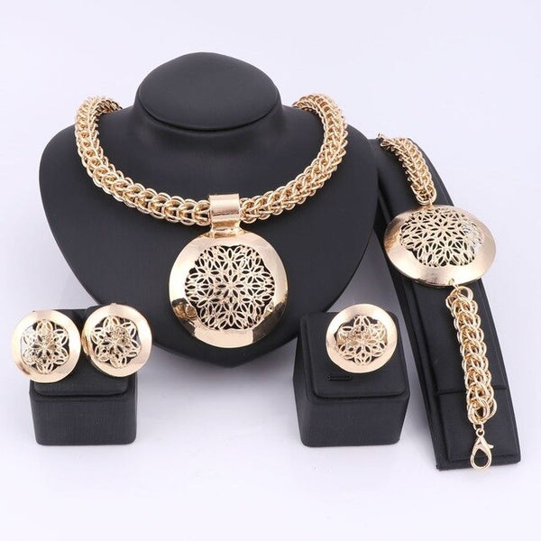 Gold/Silver-Plated Flower Design Cup Necklace, Bracelet, Earrings & Ring Wedding Statement Jewelry Set-Jewelry Sets-Innovato Design-Gold-Innovato Design