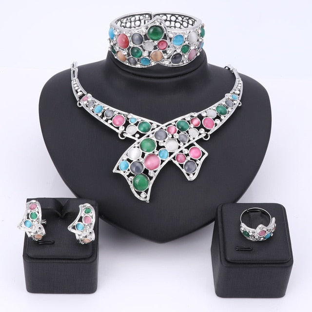 Cat's Eye and Crystal Necklace, Bracelet, Earrings & Ring Wedding Jewelry Set-Jewelry Sets-Innovato Design-Silver-Innovato Design