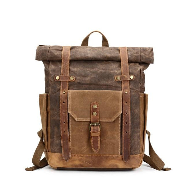 Large Canvas Leather Waterproof 14 Inch Backpack-Canvas and Leather Backpack-Innovato Design-Brown-Innovato Design