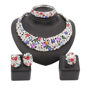 Colorful Rhinestone Necklace, Bracelet, Earrings & Ring Wedding Jewelry Set-Jewelry Sets-Innovato Design-Silver-Innovato Design