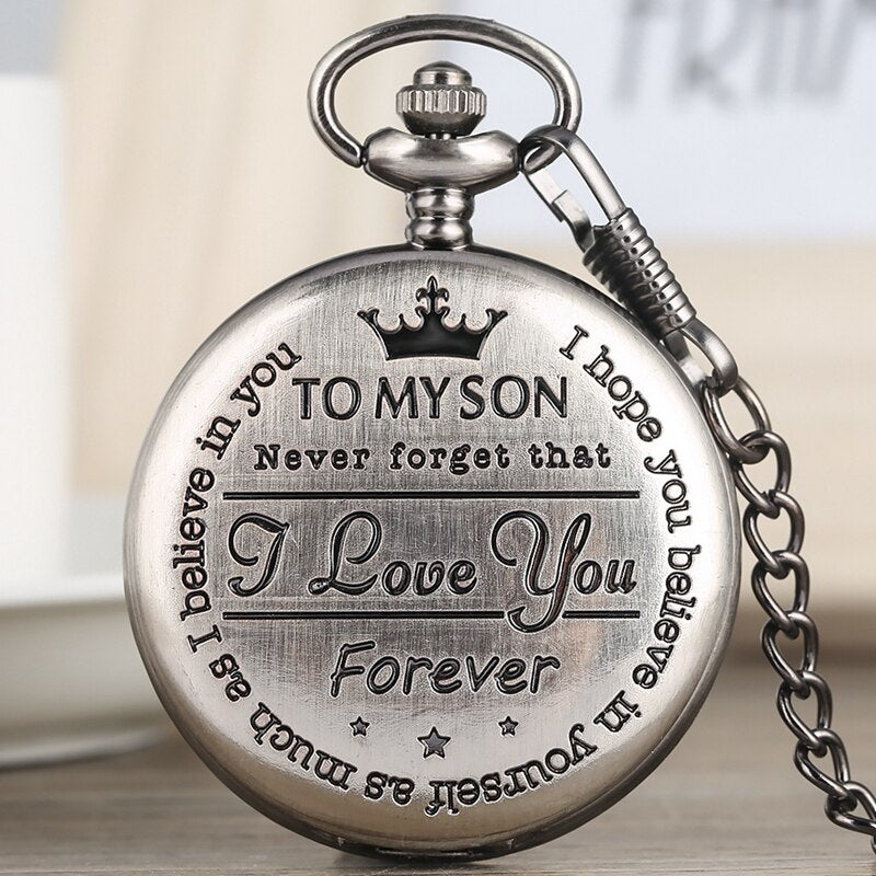 "To My Son, Never Forget That I Love You" Retro Engraved Quartz Pocket Watch-Pocket Watch-Innovato Design-Black-Innovato Design